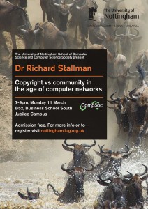 2013-03-11 The University of Nottingham - poster - Richard Stallman - Copyright v Community